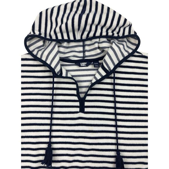 Lands End Hooded Terry Cloth Swimsuit Beach Cover-Up S/M Navy White Stripes - Picture 4 of 12